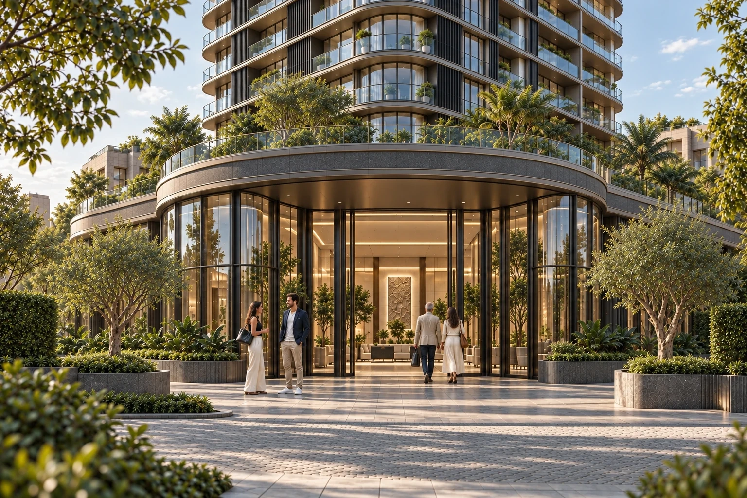 Bitcoin Palace: glazed entrance, straight façades, terraces with rounded corners and gardens.