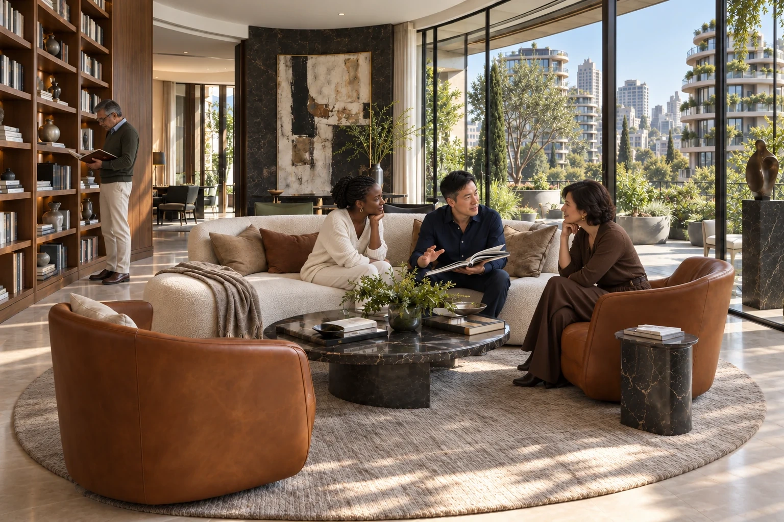 Library lounge with several people reading and talking by large windows.