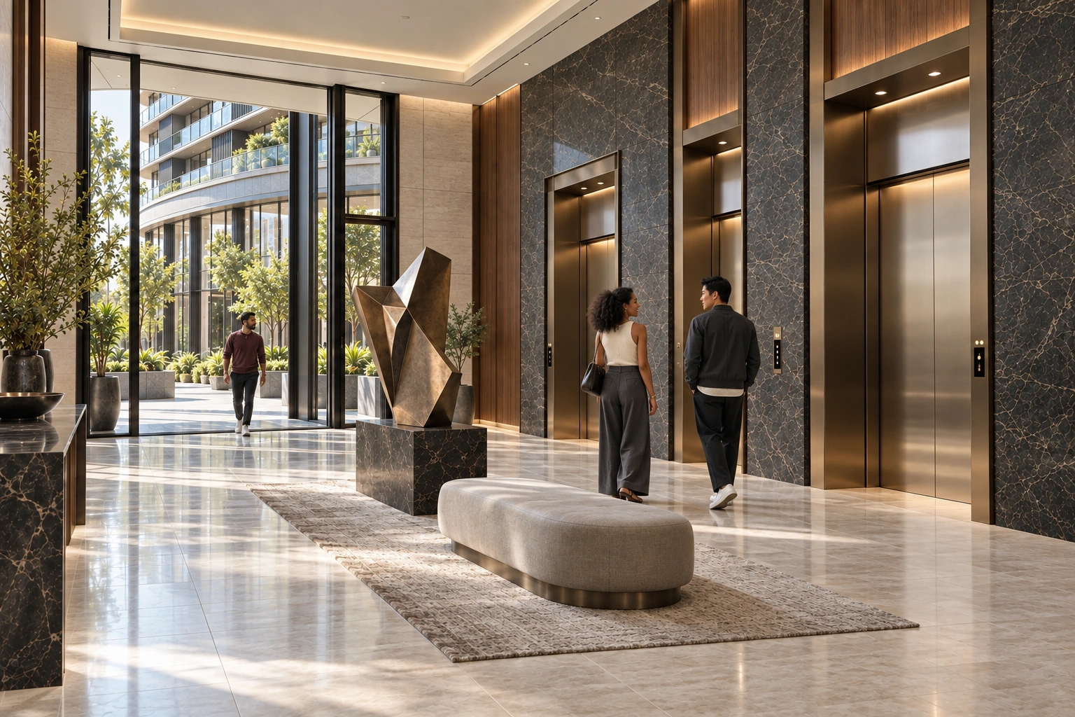 Stone and timber lobby, with people by the lifts and access to the garden.