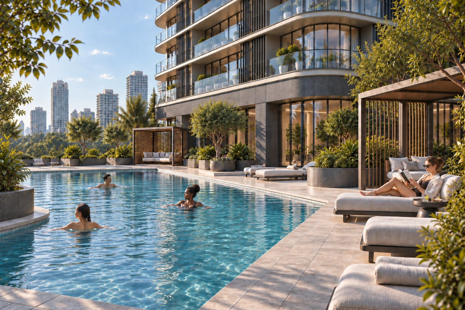 Pool beside the building, with three people in the water and a woman reading on a lounger.